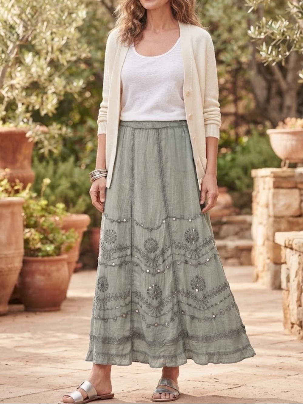 Soft Surroundings Sage Green Embroidered Maxi Skirt